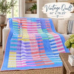 Match Reversible Quilt Blanket 61x78 Multi Color Stripe Geometric Fair Condition